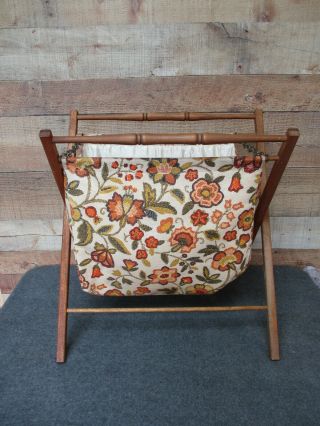 Vintage Large Folding Knitting Sewing Basket Bag Wood Frame W/ Lined Fabric