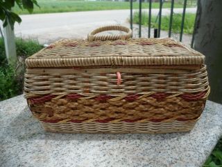 Vintage Sewing Basket Box Mid Century Woven Wicker Japan Beige Brown W/ Handle