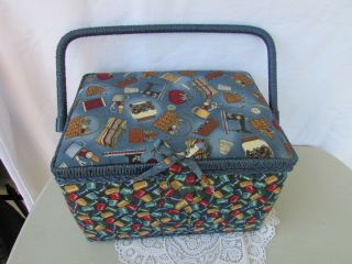 Vintage Large Blue Wicker & Cloth Sewing Basket W Contents Thread Needles Etc