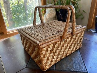 Vintage Large Wicker Sewing Basket With Handles Woven In Yugoslavia