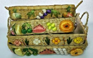 Raffia Straw Woven Bread Serving Basket 4 Pc Mixed Set Fruit & Floral Patterns