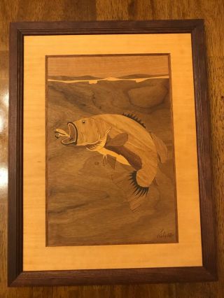 Hudson River Inlay Nelson Wood Marquetry Bass Picture 12 3/4 " X 9 3/4 "