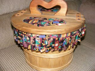 Vintage Wooden Sewing/knitting Bushel Basket Fabric Lined Double Hinge