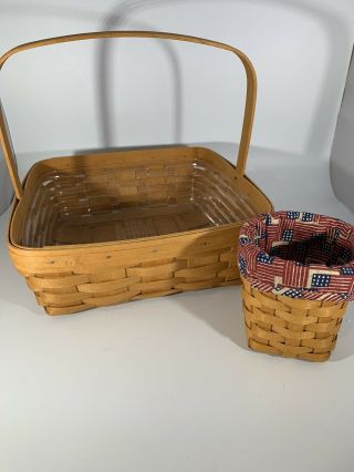 1995 Longaberger Pie Basket And Protector And Pencil Basket With Old Glory Liner