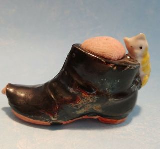 Vtg Miniature Pin Cushion Antique Boot Shoe Cat And Peekaboo Mouse Japan 1920 