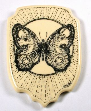 Artisan Scrimshaw Button Etched & Inked Butterfly Unicorn Wings W Sun Rays 1&7/8