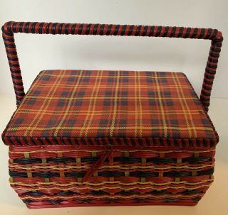 Vintage Jc Pennys Wicker Sewing Box/ Basket With Handle Red & Blue Plaid