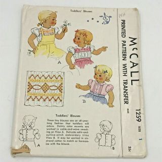 Vintage 1946 Mccall 1259 Smocked Toddler Blouse Size 1 Post Ww2 Era 2 Styles Pt