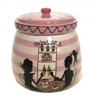 Gourmet By Fitz And Floyd Yvette & Claudette Cookie Jar Pink White Black Ceramic