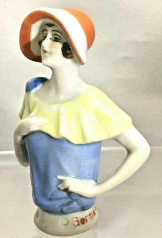 Vintage Porcelain 1920s Flapper With Orange Hat Half Doll Pin Cushion Doll