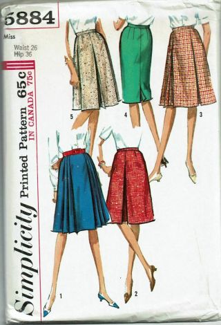 Vintage 1960s Simplicity Sewing Pattern 5884 Misses Skirts Size 26 Waist