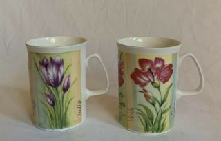 Rose Of England Tulip And Viola Flower Bone China Mugs/cups Set Of 2