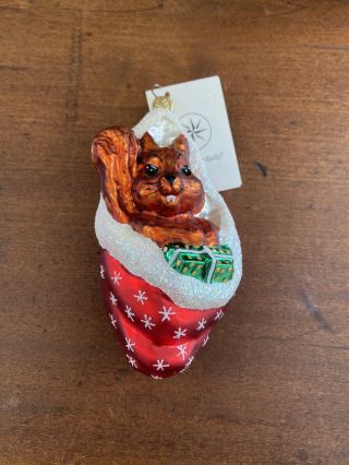 Christopher Radko Ornament Squirrel In Christmas Stocking With Tag