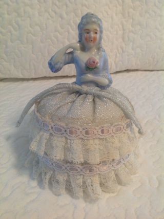 Vtg Porcelain Colonial Half Doll In Silver And White Lace Dress Pincushion