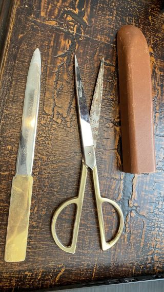 Vintage Blue Star Scissors And Letter Opener With Cowhide Holder
