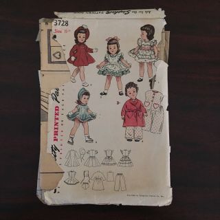 Vintage 1950s Simplicity Pattern 3728 Doll Clothes 19 Inch Toni Doll