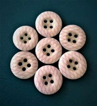 Antique - Mid 1800s Calico China Buttons - 7 Matching Pink Pattern