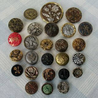 Assortment Of 31 Vintage & Antique Metal And Black Glass Buttons W Flower Images