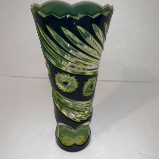 Vintage Emerald Green Cut Glass Vase 8”
