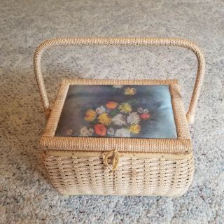 Vintage Wicker/rattan Sewing Box Basket With Satin Interior