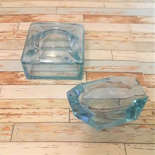 Blue/purple Glass Square Trinket Box & Dish/bowl/ashtray Heavy Weight Pre 1960s