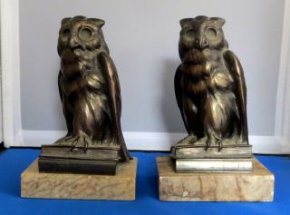 2 Vintage Owl Bookends Bronzed Cast Metal With Books On Marble Bases