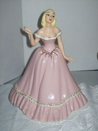 Ceramic 10 " Tall Blond Lady In Pink Dress Figurine White Ruffles And Gold Accent
