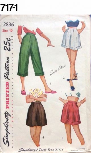 Vintage 1950s Sewing Pattern Simplicity 2836 Size 10 Teen Pedal Pushers Shorts