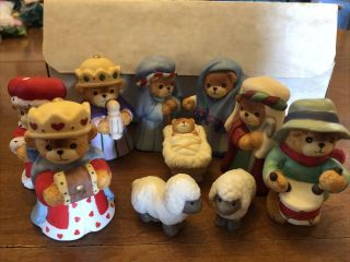 Vintage Bear Lucy Rigg Enesco Nativity Scene Set 10 2.  5” 1986 Manger Ceramic