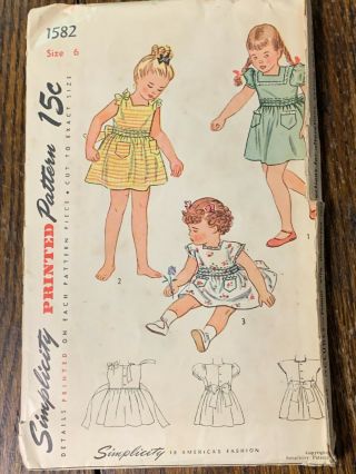 Vintage Simplicity Sewing Pattern 1582 Girl 