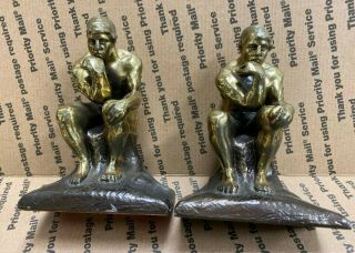 Vintage Antique Rodin Thinking Man Bookends Pair Cast Brass Sculpture