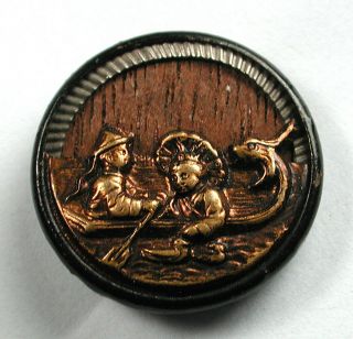 Antique Woodback Brass Button Couple In A Dragon Boat - 11/16 "