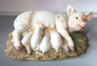Homco Masterpiece Porcelain Pig Figurine Sow W/ 5 Piglets 1985 Signed Pigs 7 "