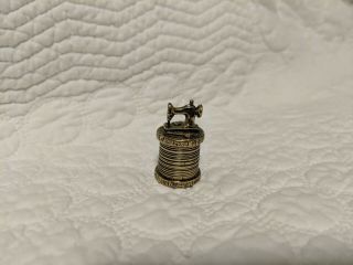 Old Sewing Machine On Spool Of Thread Brass Thimble Collectible