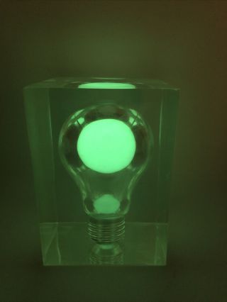 Vintage Lucite Pop Art Encased Glow In The Dark Full Size Light Bulb Paperweight