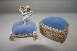 2 Vintage Florenza Blue Velvet Top Pin Cushions Putti Cherub Heart Trinket Box