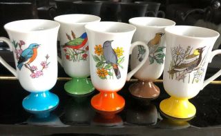 60s Vtg Set 5 Song Bird Pedestal Cups Mugs Fred Roberts Mcm Japan 5 - 3/8 "