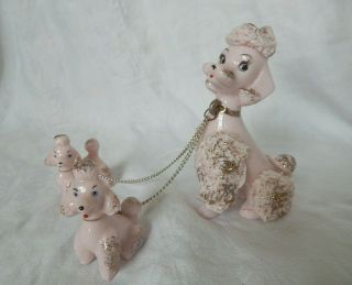 Vtg Pink Spaghetti Porcelain Poodle Figurines Mother W/puppies On Chain C - 5898