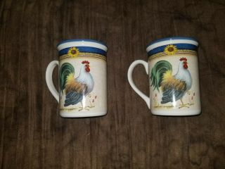 Set Of 2 - Gibson Ceramic Stoneware Royal Rooster Sunflower Coffee Mug Cup Blue