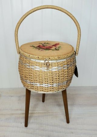 Vintage Dritz Sewing Basket With Needlepoint Cardinal Lid And Wooden Legs