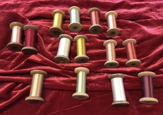 14 Vintage Wooden Spools Of Silk Thread,  3.  1/2 " Tall X 2 " Dia.
