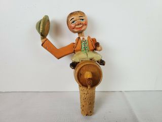 Anri Hand Carved Wood Bottle Wine Cork Stopper Man Hat Tipping Mechanical Italy