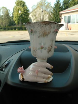 Vintage Napco Lovely Ladies Hand Holding Cup Vase Gold Trim Pink Flowers