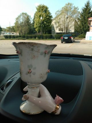 Vintage Napco Lovely Ladies Hand Holding Cup Vase Gold Trim Pink Flowers 2