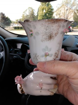 Vintage Napco Lovely Ladies Hand Holding Cup Vase Gold Trim Pink Flowers 3