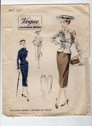 1950 ' s Vogue Couturier Design No.  627 Bust 32 Wasp Waist Suit,  Fitted Jacket 2