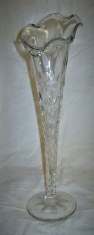 Vintage Large Clear Crystal Trumpet Vase With Flower Etching