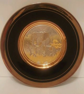 The Art Of Chokin 24k Gold Edged Black Plate Elephants 4 " Japan Rare Vintage