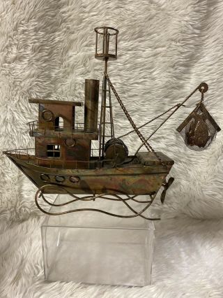 Vintage Windup Fishing Music Box Tin Metal Art Ship Sculpture Copper Boat 1a