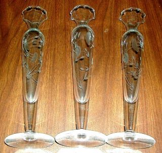 Set Of 3 Vintage Clear Glass Bud Vases Etched Flowers Scalloped 10½ " Tall Evc
